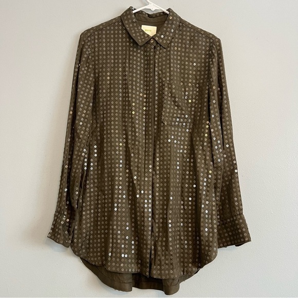 Anthropologies Maeve Womens Button Up Shirt Sequins Rayon Green Sz S Relaxed Fit - Picture 2 of 13